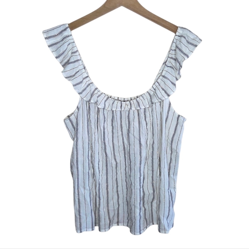 NWT Loft Ivory Denim Blue Metallic Bronze Striped Ruffle Tank Size Large